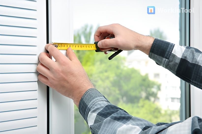 A Man Is Measuring A Window With A Tape Measure — Balcony Shutters Australia In Brisbane, QLD
