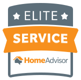 HomeAdvisor Elite Service badge: a gray shield featuring two stars, an orange ribbon banner, and the HomeAdvisor logo.
