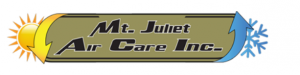 Logo for Mt. Juliet Air Care Inc. featuring text between a yellow sun and blue snowflake icon.