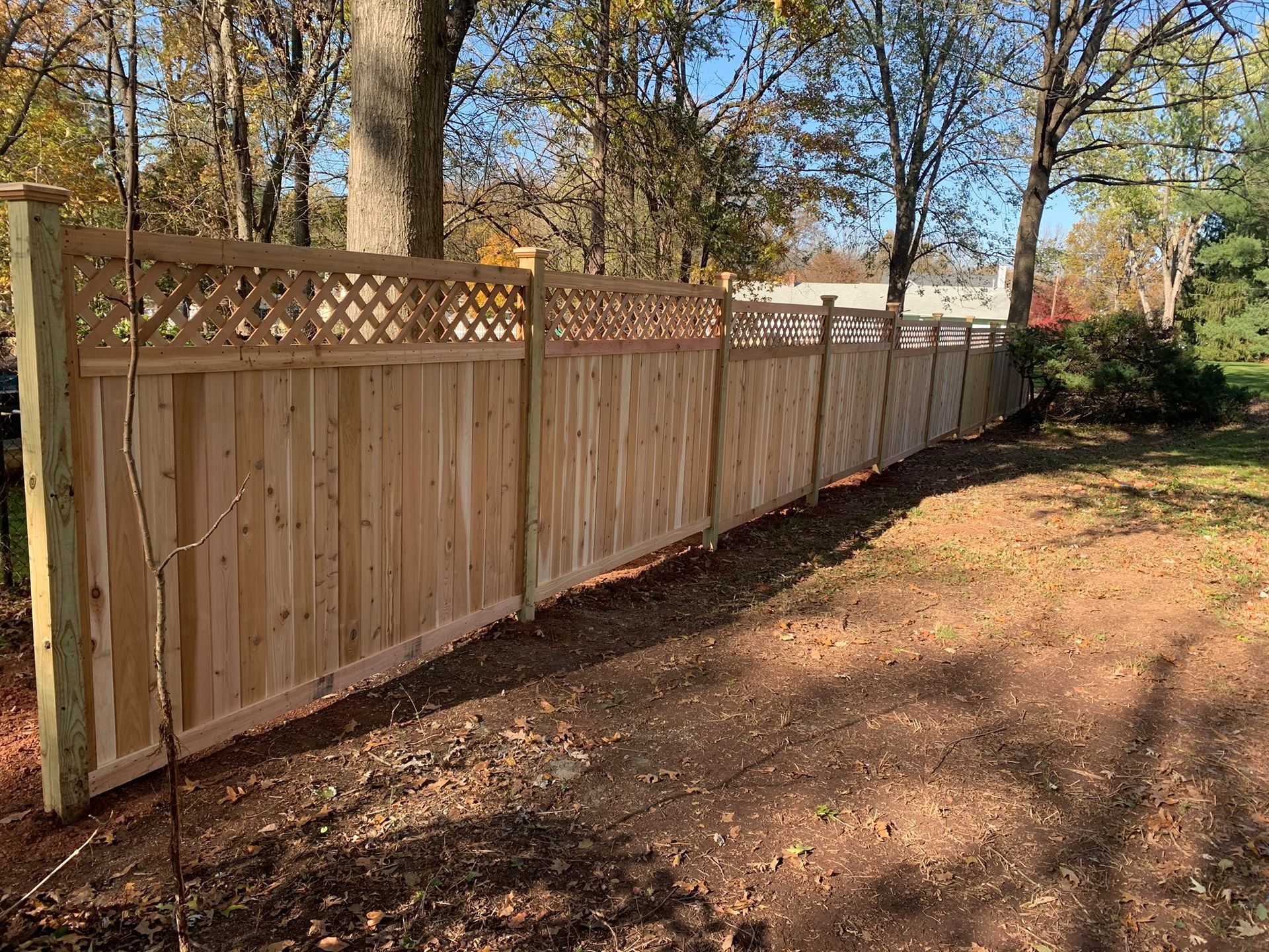 A wooden fence is surrounded by trees in a yard.