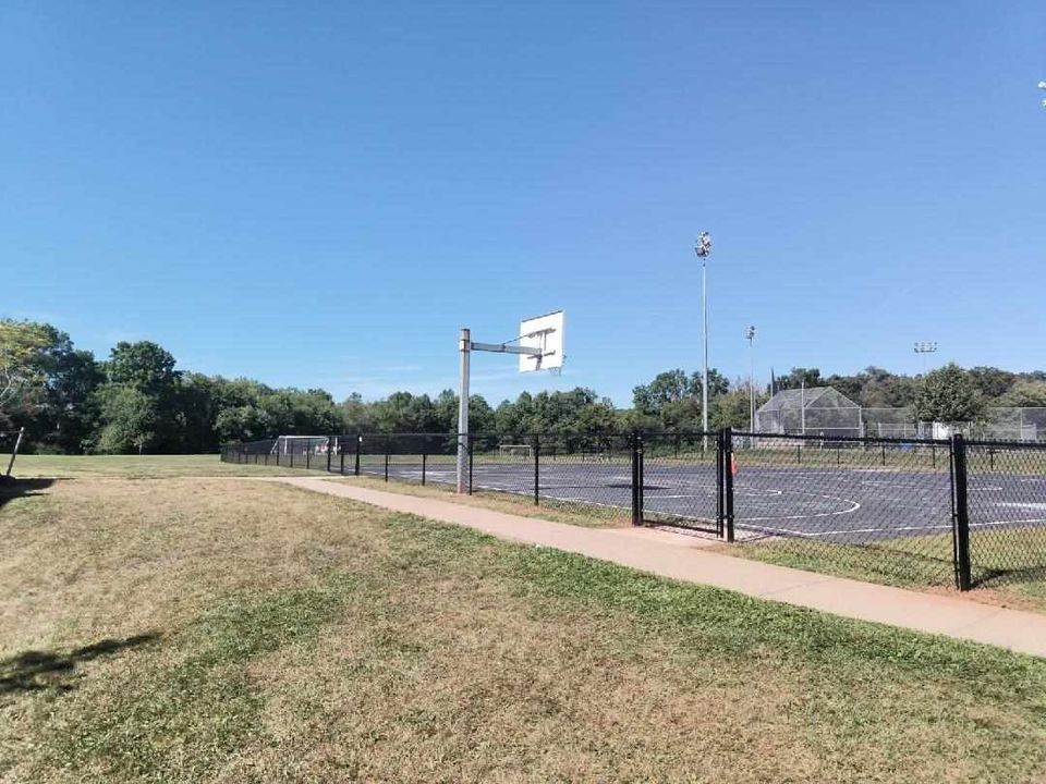 There is a basketball hoop in the middle of a park.