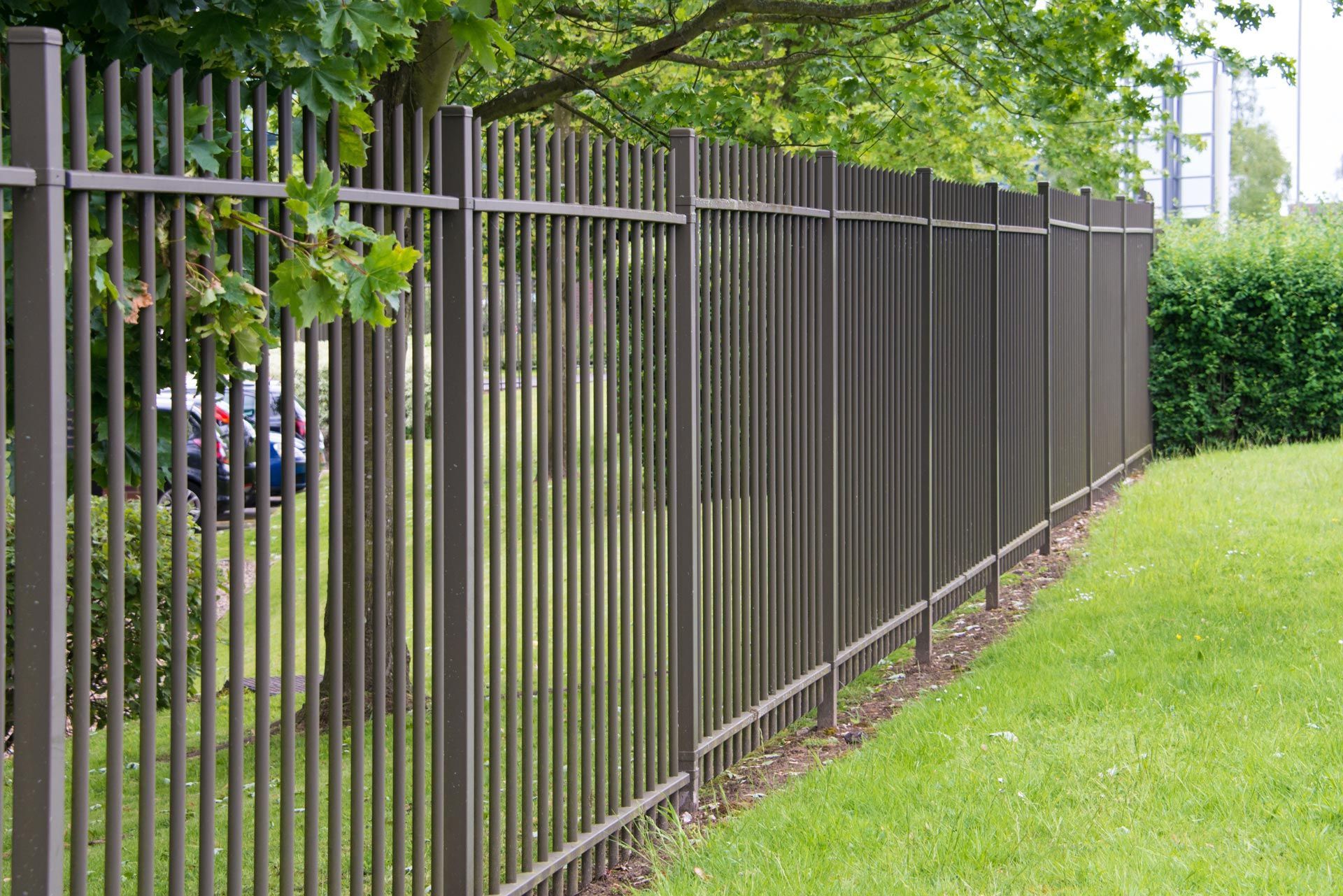 Black metal security fence running alongside a grassy area beneath leafy trees outdoors. Black metal security fence running alongside a grassy area beneath leafy trees outdoors.