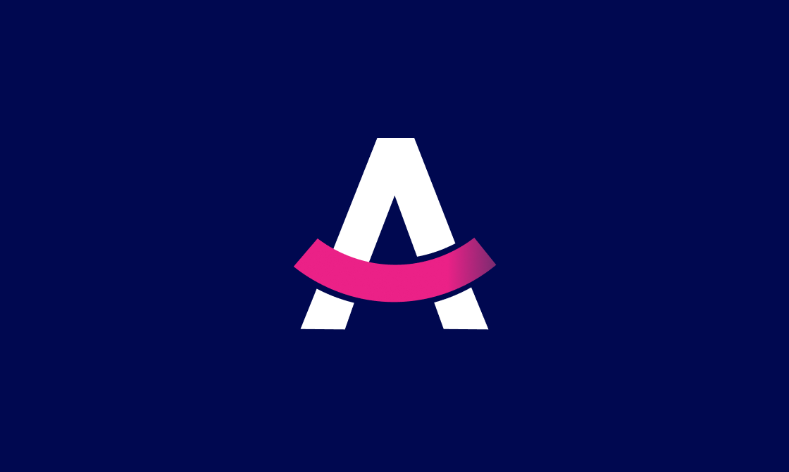 A white letter a with a pink ribbon around it on a blue background.
