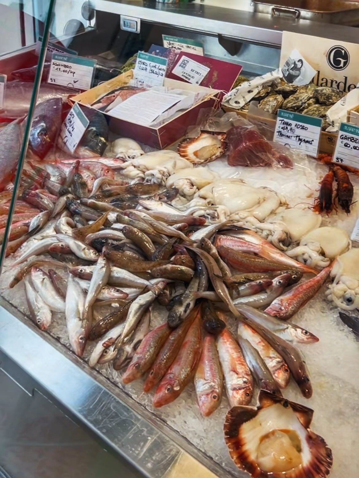 Pasta ai frutti di mare con gamberi, cozze, polpo, pomodori ed erbe aromatiche su un piatto bianco.
