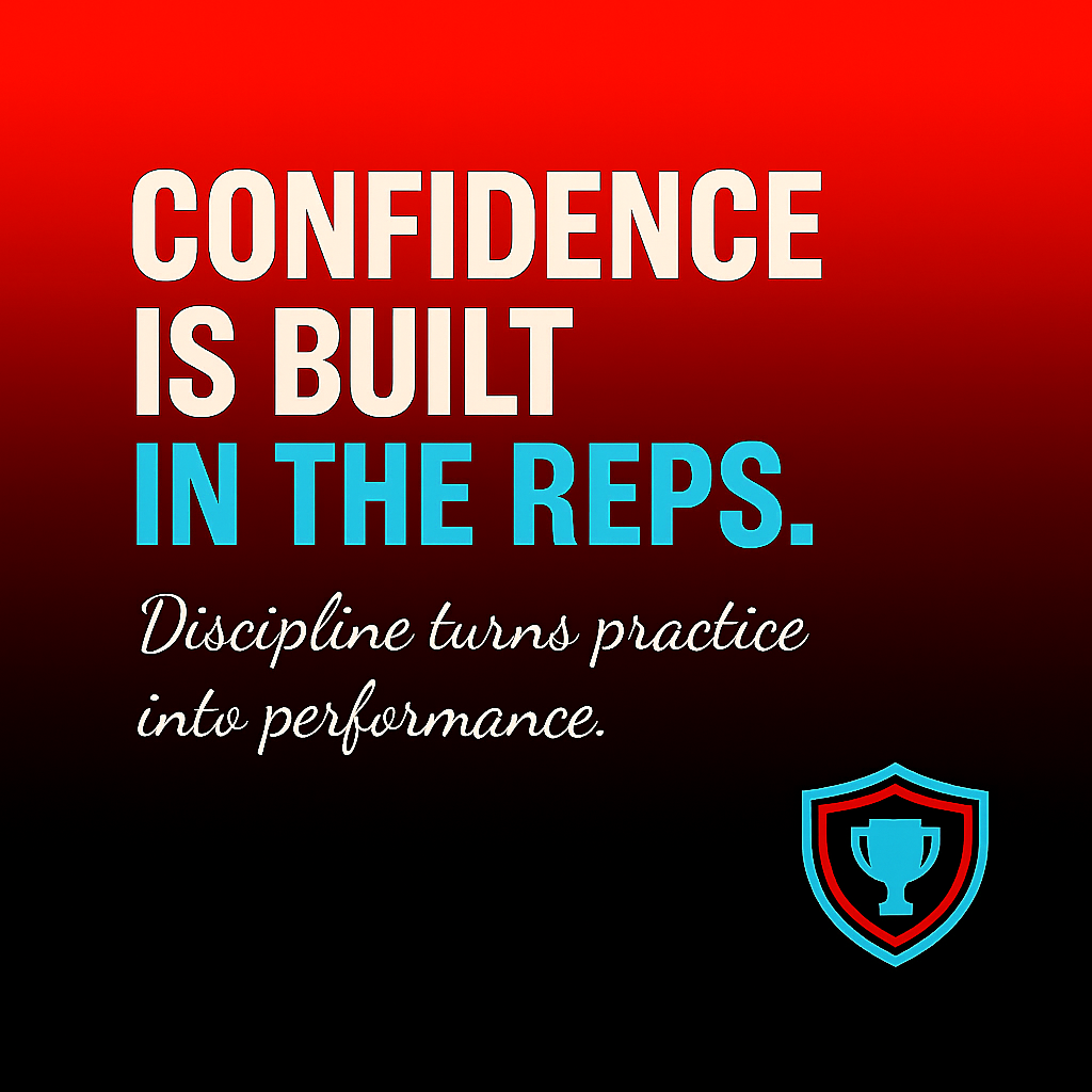 Impact Choreography motivational graphic emphasizing cheerleading training, discipline, and skill development with the text “Confidence is built in the reps