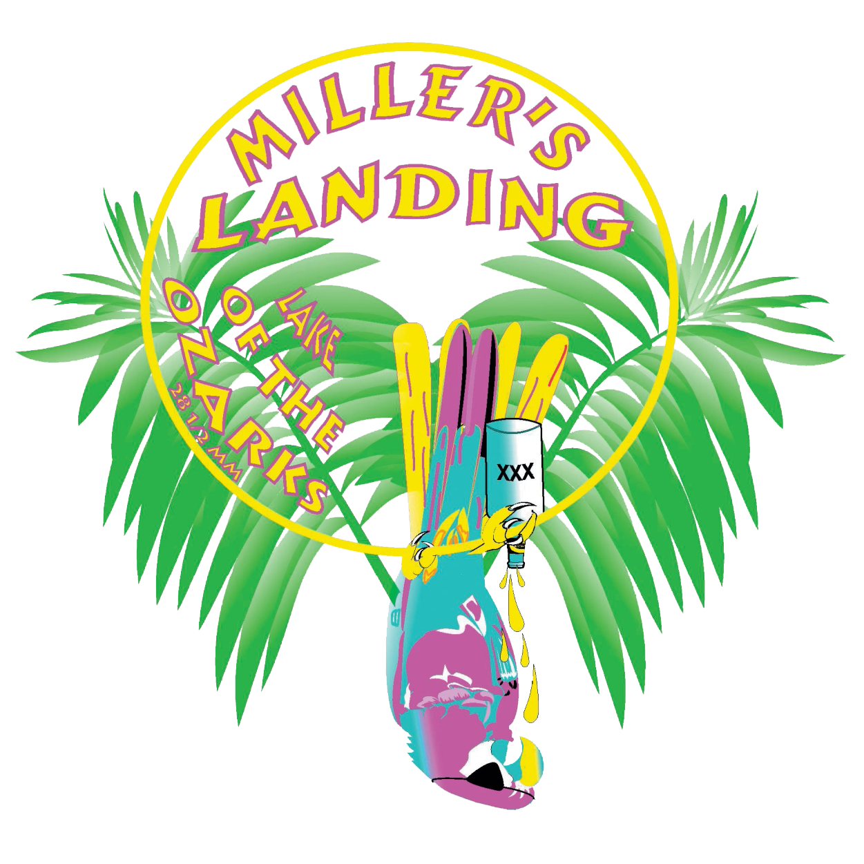 Miller’s Landing logo with green palm leaves, yellow ring, and colorful fish centered beneath the text.