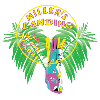 Miller’s Landing logo with green palm leaves, yellow ring, and colorful fish centered beneath the text.