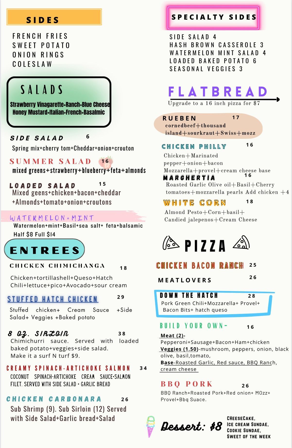 Restaurant menu with sections for sides, salads, entrées, flatbread, and pizza in colorful layouts