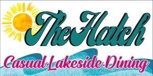 The Hatch logo with a yellow sun and teal script, plus pink text reading “Casual Lakeside Dining”