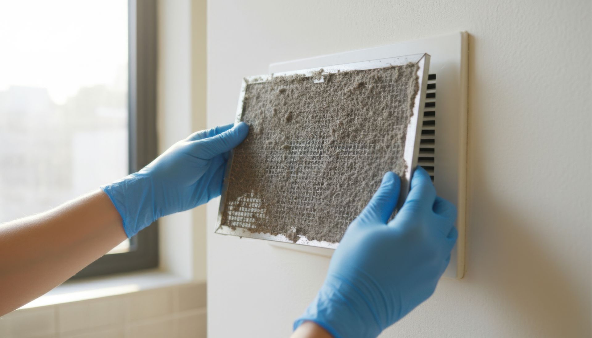 vent replacement removing dirty air vent cover with gloves showing dust buildup on HVAC vent.