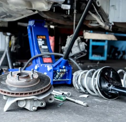 A Blue Hydraulic Jack Lifting a Vehicle — APPS Mechanical Port Macquarie In Port Macquarie, NSW