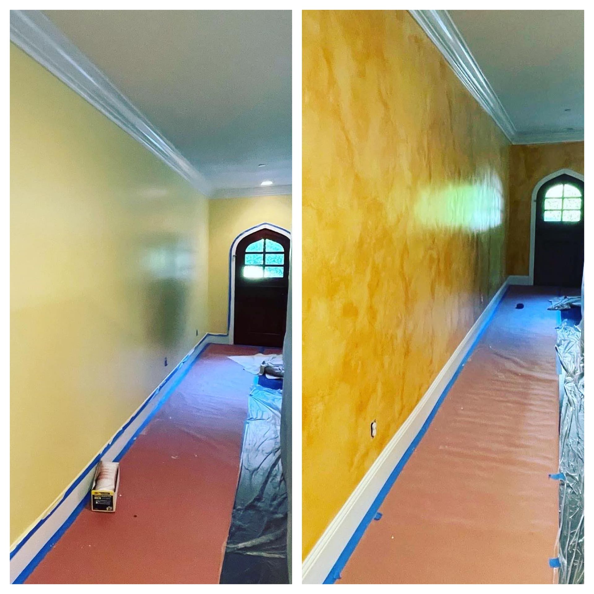 Before and after photos show a hallway. Walls change from yellow to textured gold, new decorative paintwork.