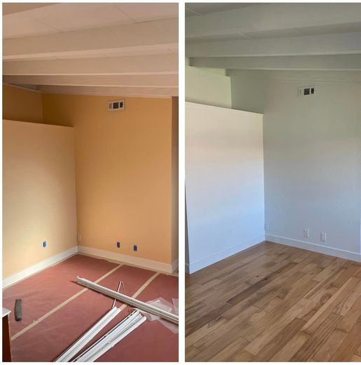 Before-and-after view of a room. Left: yellow walls, red floor covering. Right: white walls, wood floors.