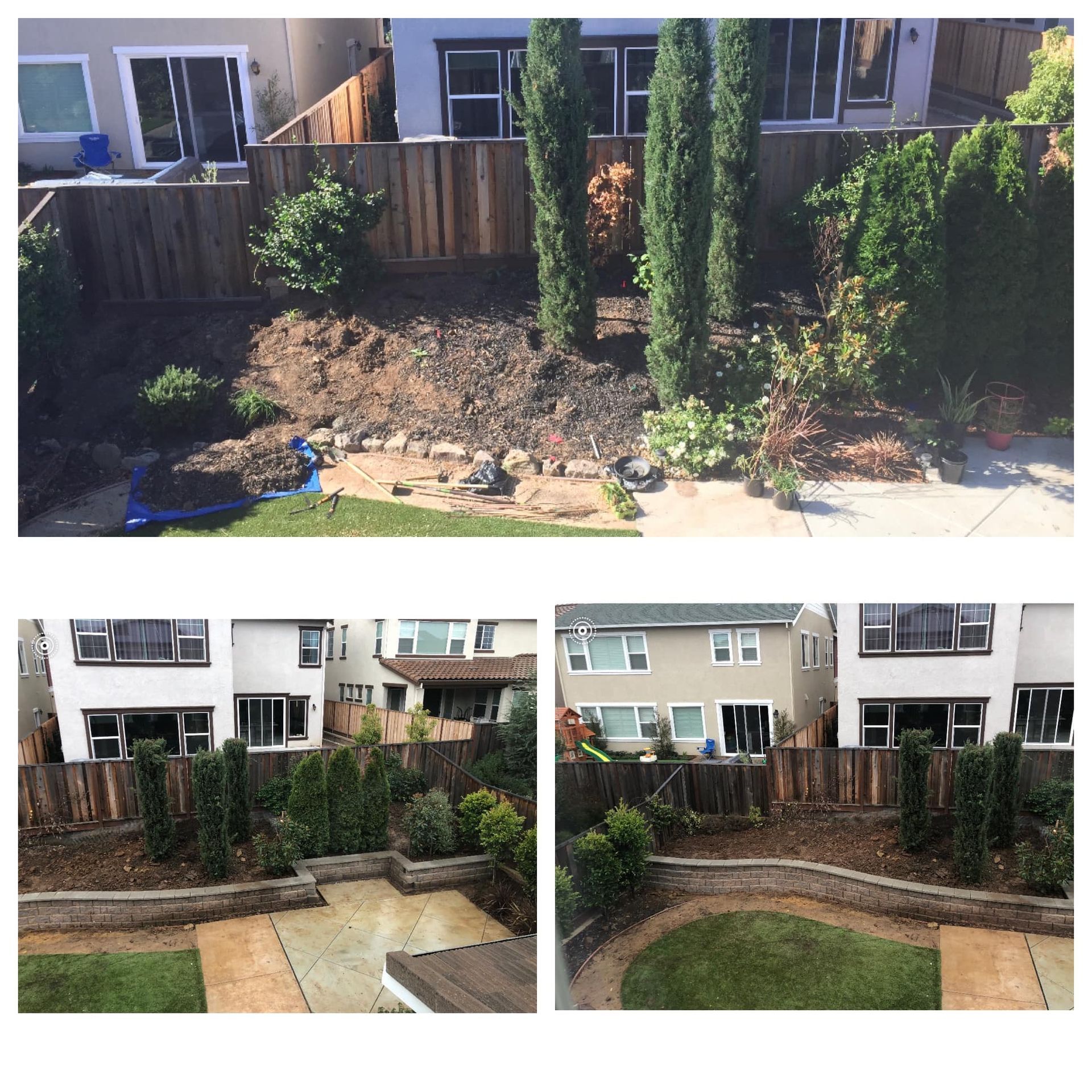 Top: Backyard before landscaping. Bottom: After landscaping with retaining walls, grass, and plants.