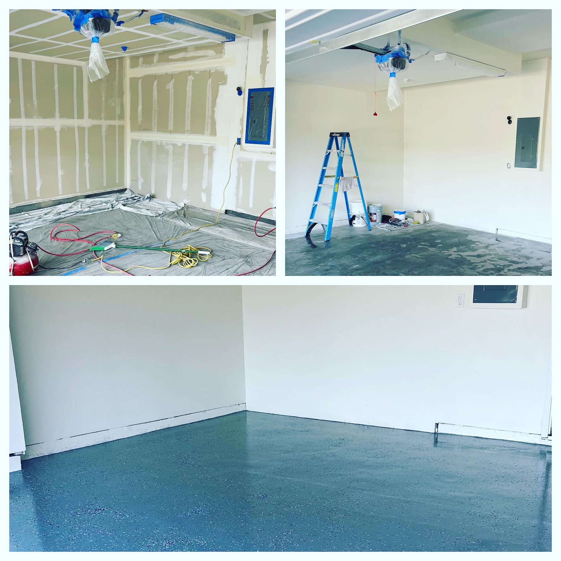 Garage renovation in progress: drywall stage, painting stage, and finished with epoxy floor.