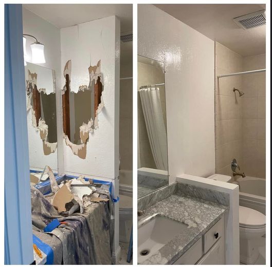 Bathroom renovation before and after. Wall repair, new vanity, and fresh paint.