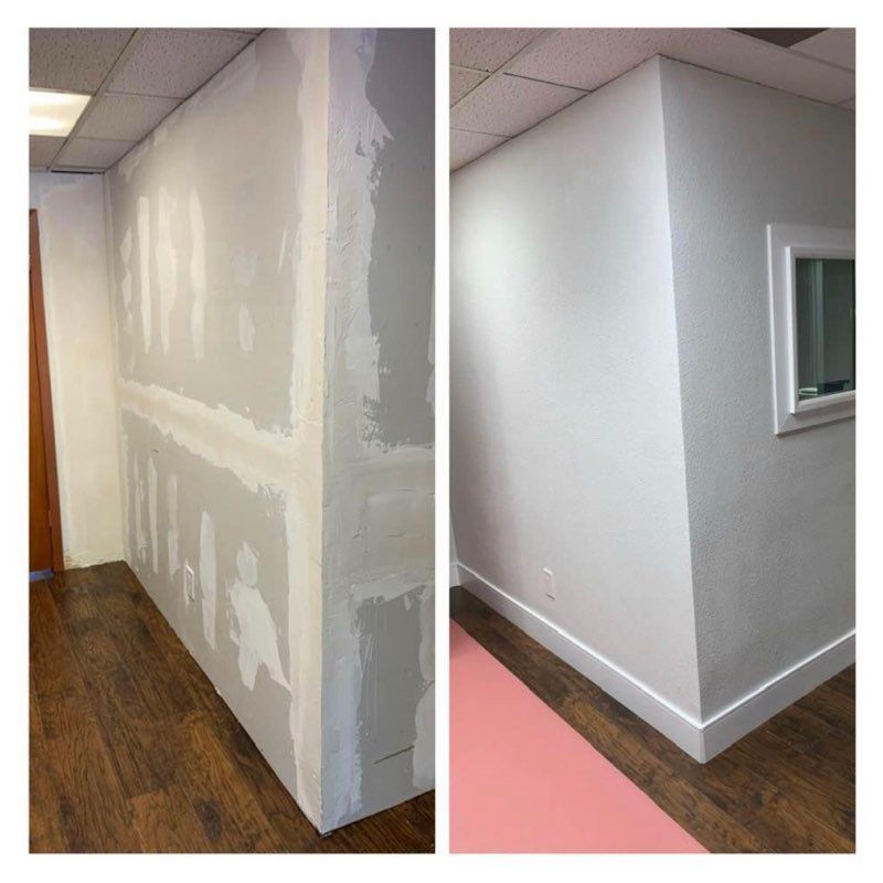 Before-and-after showing a room's wall being renovated. Unfinished wall with tape compared to a finished, white, painted wall.