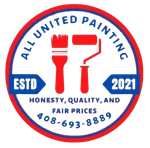 Circular logo: "All United Painting". Red and white paint brush and roller icon. Phone number.