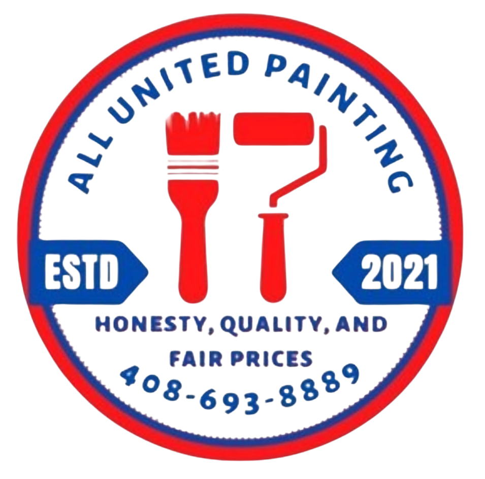 Circular logo: "All United Painting". Red and white paint brush and roller icon. Phone number.