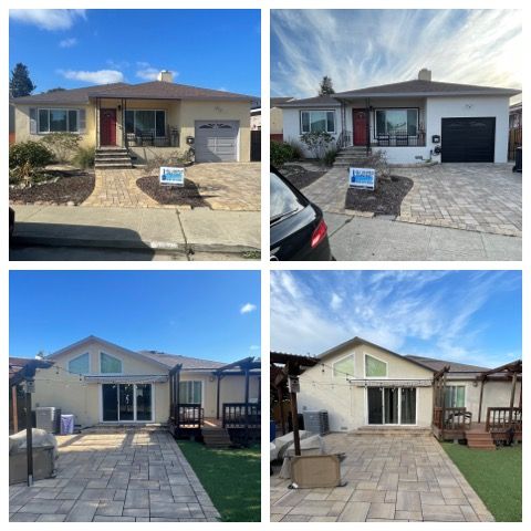 A house before and after renovation. Exterior shows front with red door and garage. Back has patio and yard.