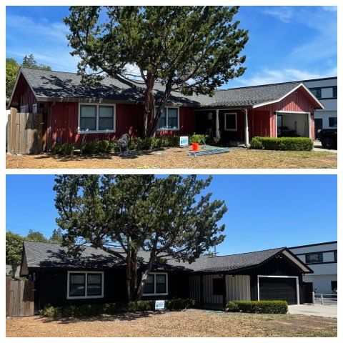 Top: Red house before painting. Bottom: Black house after painting.