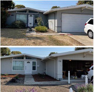 Before and after photos of a light gray house, landscaping improved with new bark and plants.