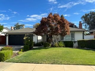 Ranch-style house with black garage door, large tree with fall leaves in front yard, green lawn and bushes.