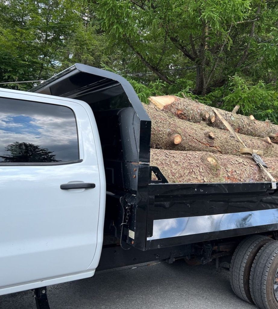 A white truck is parked next to a dumpster filled with logs.