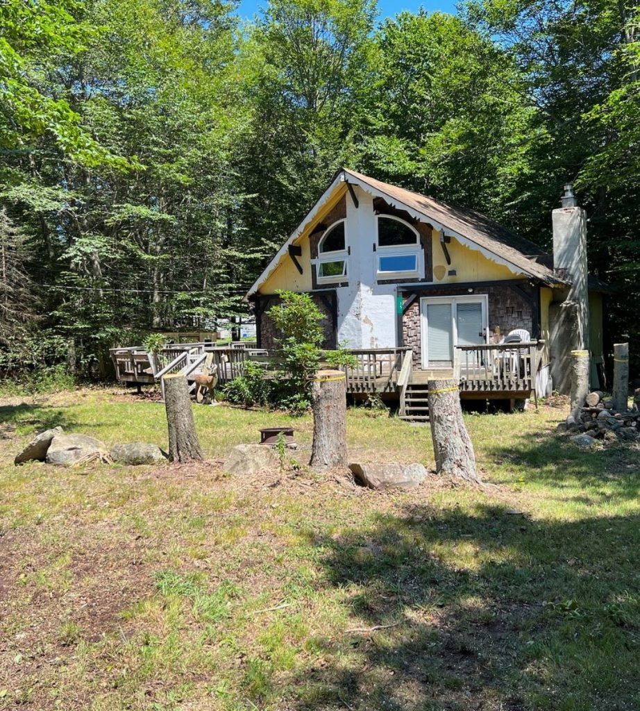 There is a small house in the middle of the woods.