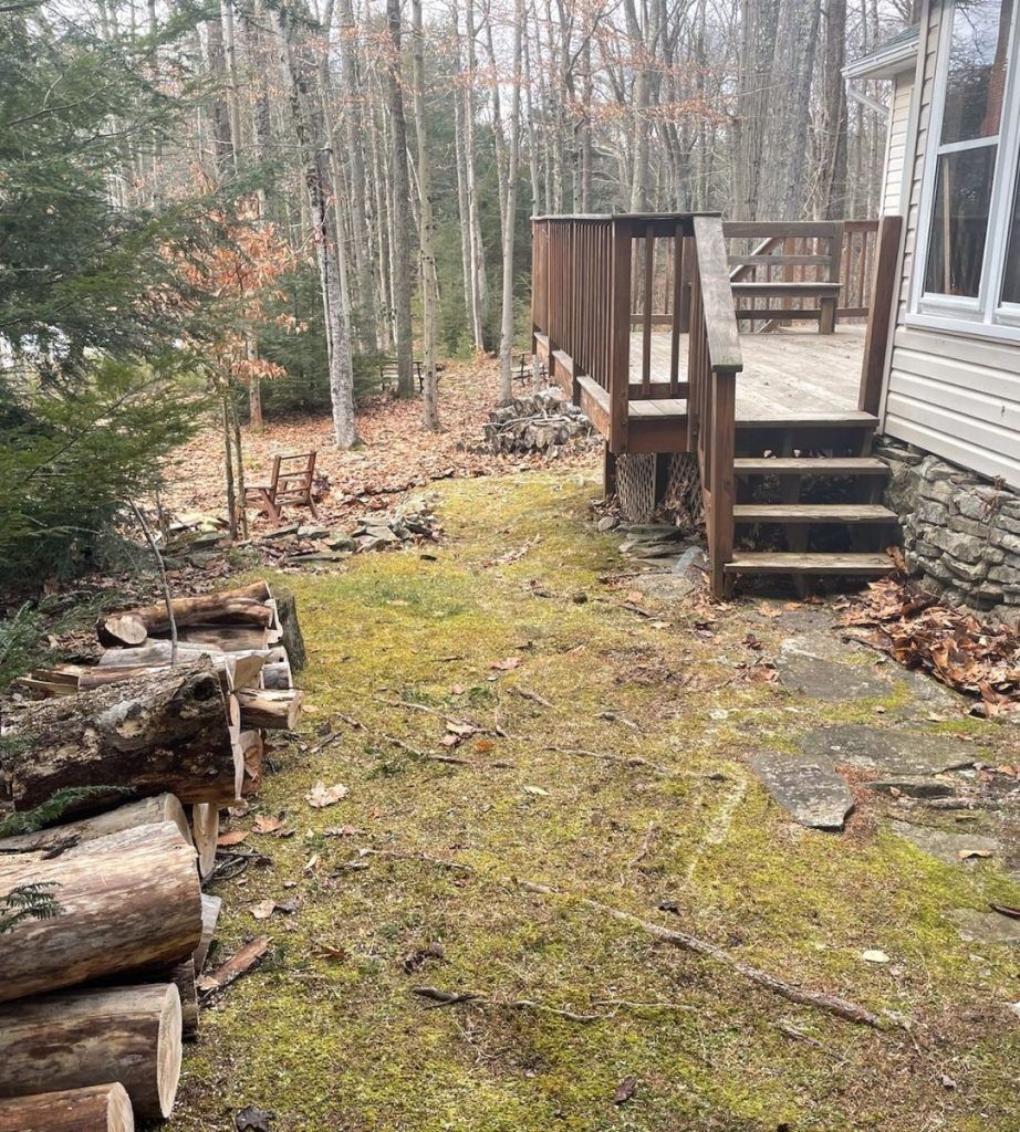A house with a deck and stairs in the woods.