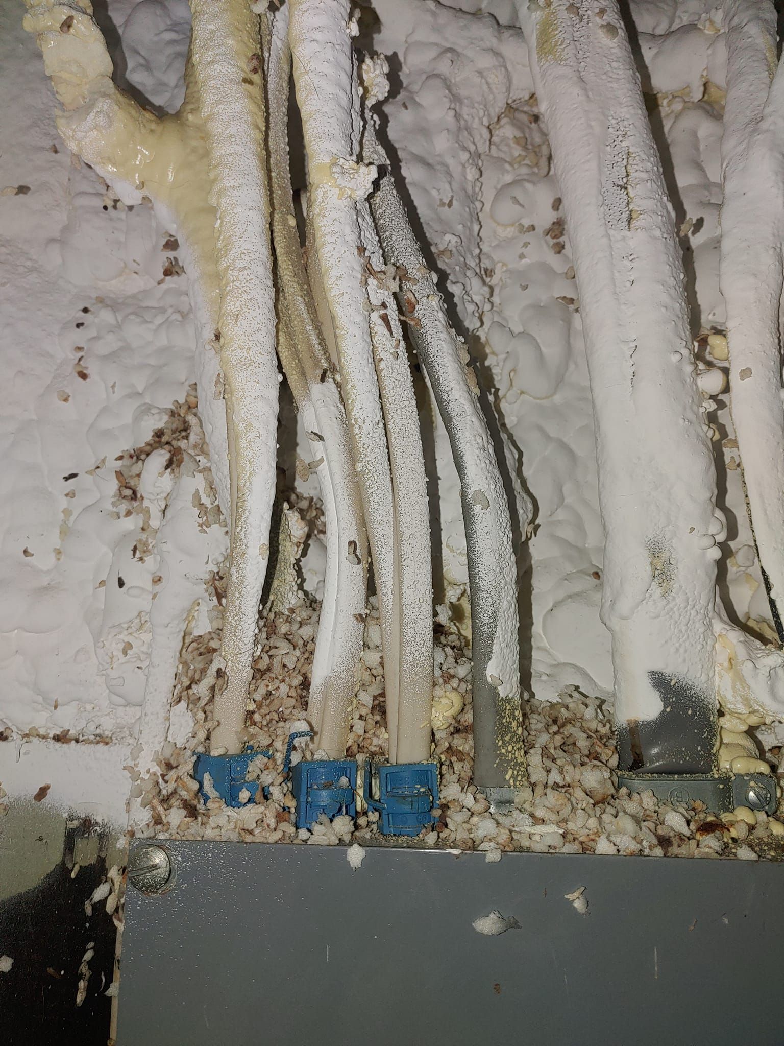 A bunch of wires are hanging from a wall.