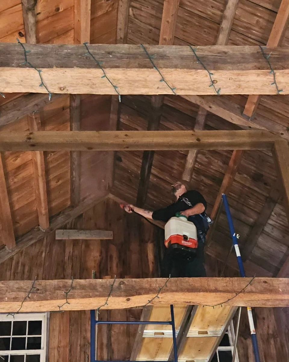 A man is standing on a scaffolding under a wooden ceiling