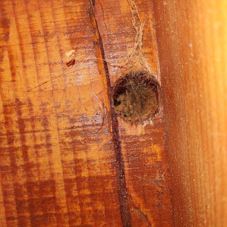 A close up of a hole in a piece of wood.