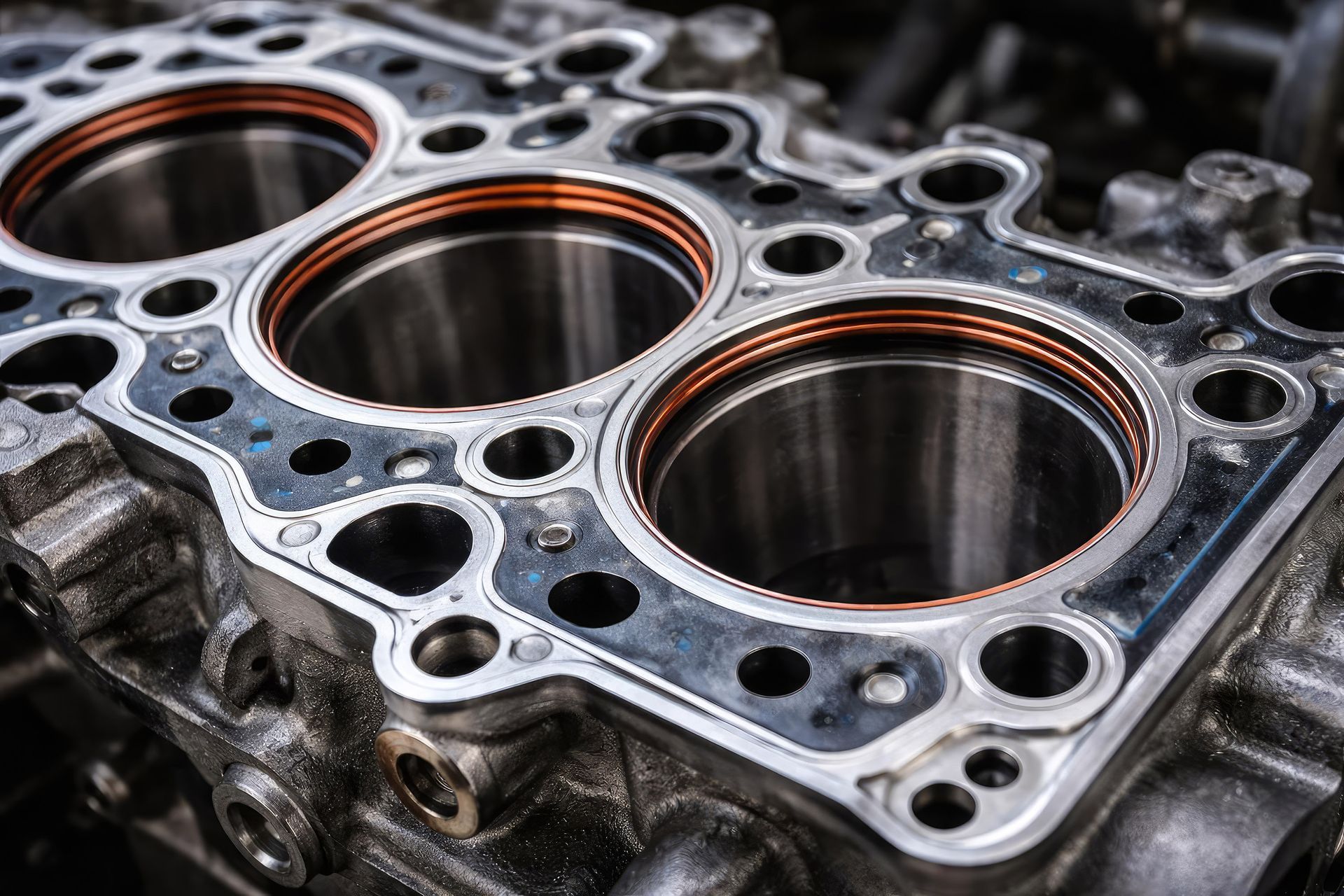 Engine cylinder head with gasket detail, showing piston chambers and bolt holes.