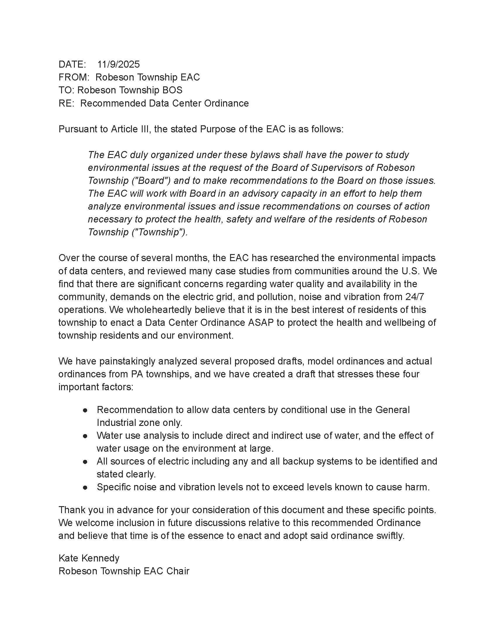 EAC Letter to BOS re Data Center Ordinance