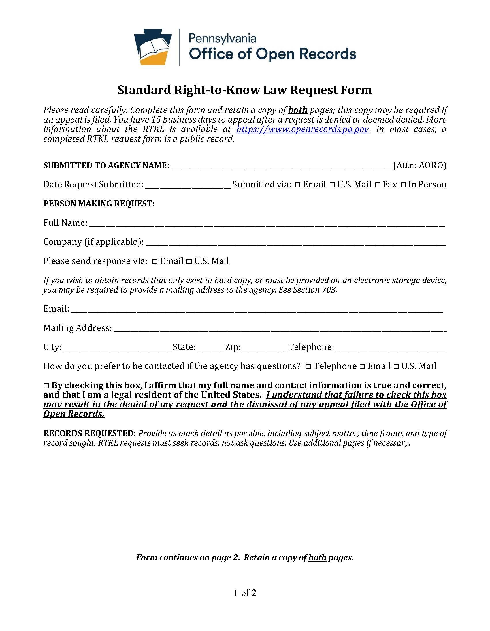 Standard Right-to-Know Law Request Form
