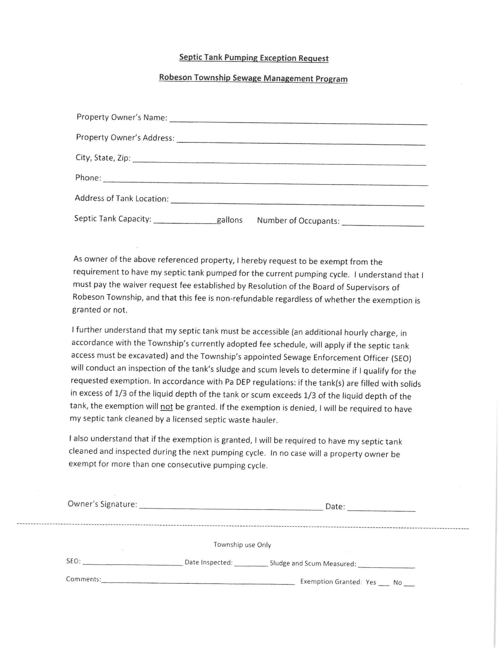 Septic Tank Pumping Exception Request