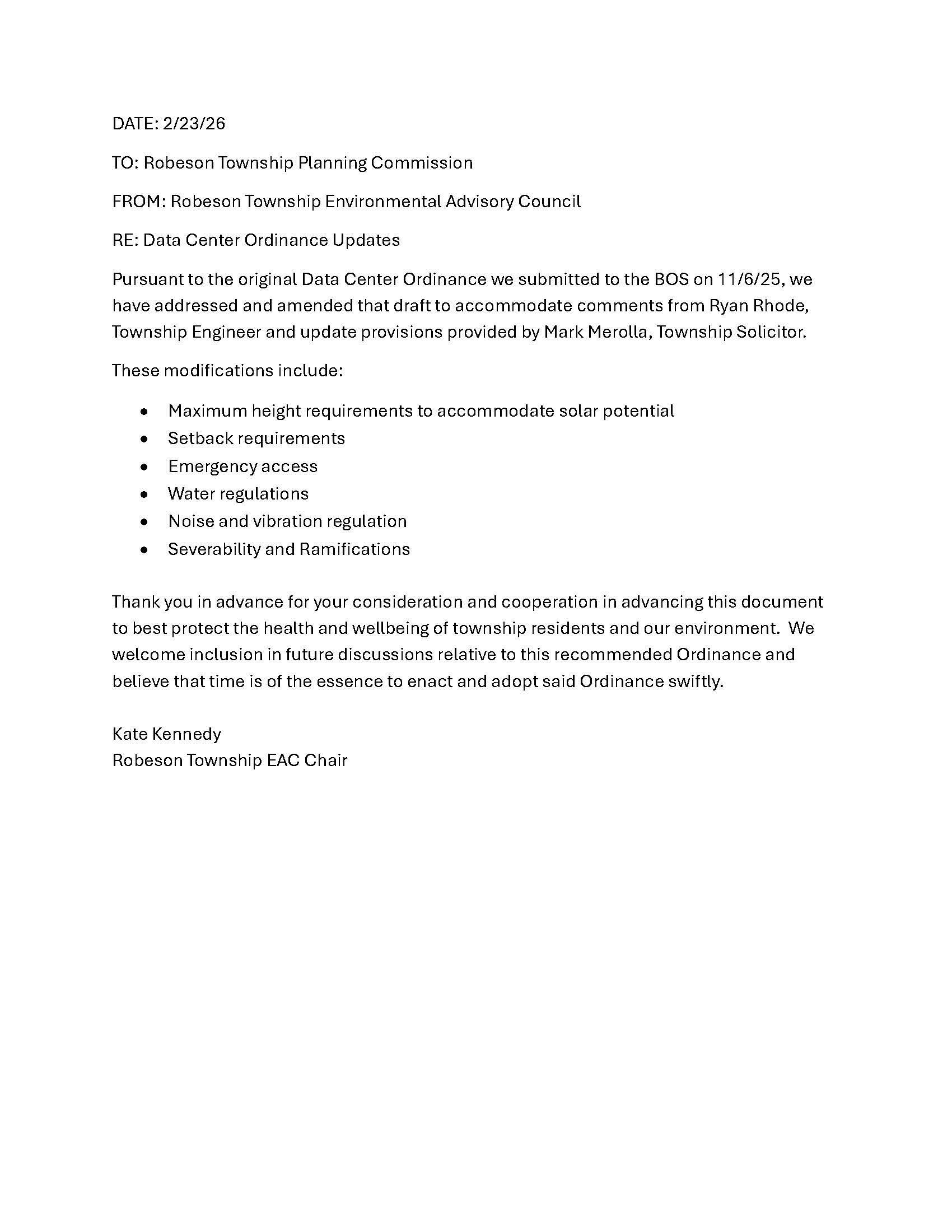 EAC Letter to BOS re Data Center Ordinance