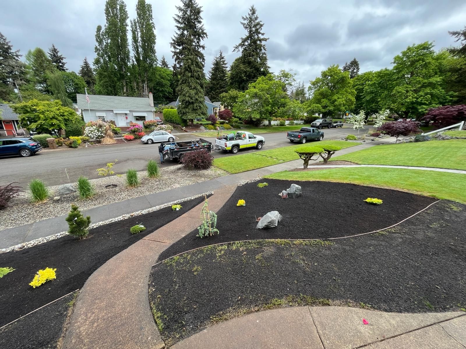 A row of cars are parked on the side of the road in a residential neighborhood.