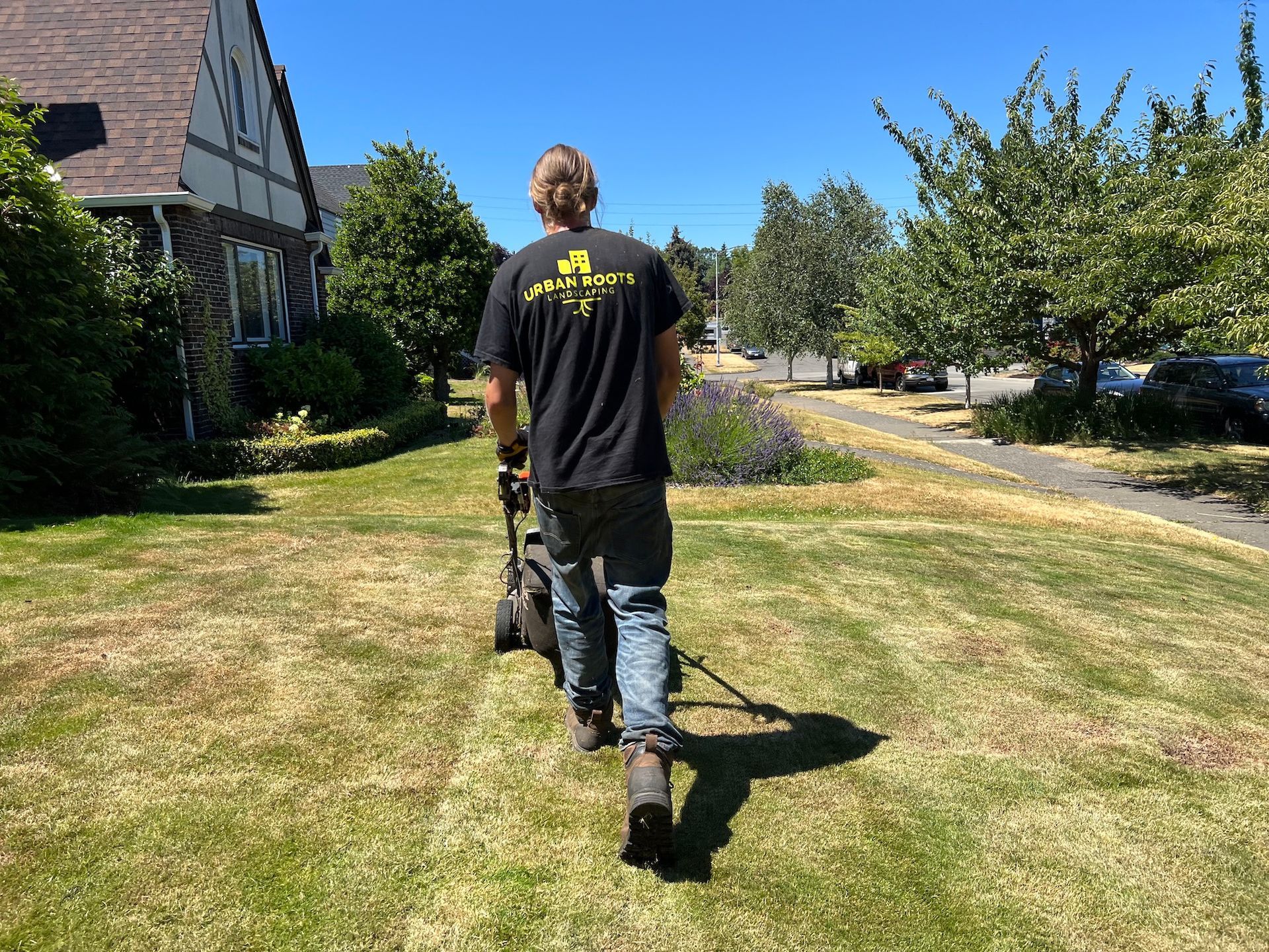 A man is walking down a lush green lawn with a lawn mower.