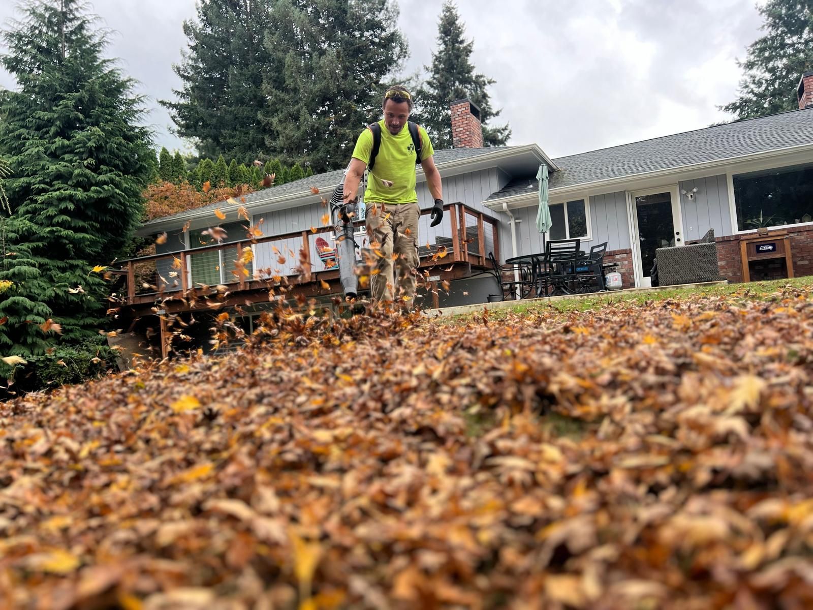 A man is blowing leaves in front of a house with a leaf blower.