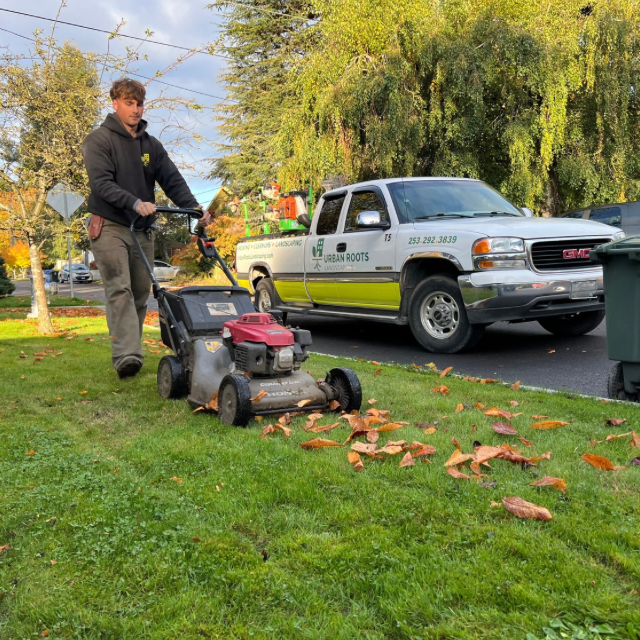 A man is mowing the grass