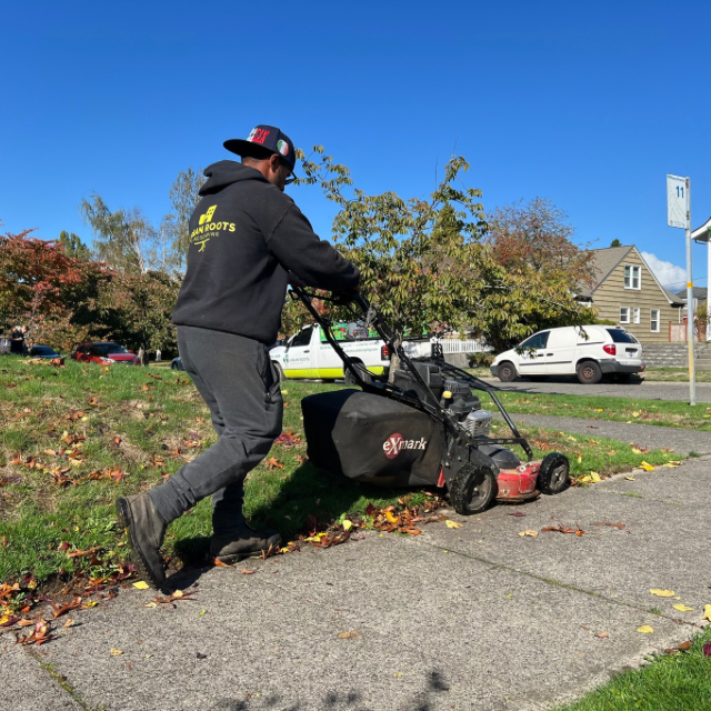 A man is pushing a lawn mower down a sidewalk
