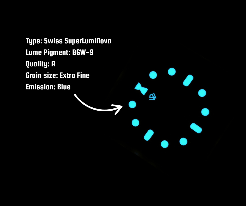 A swiss superluminova glow in the dark watch face