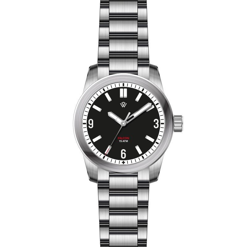 A silver watch with a black face and a stainless steel band on a white background.