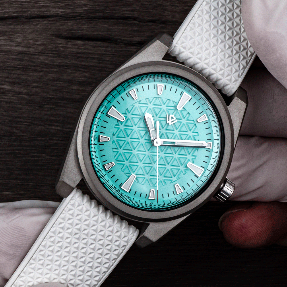 Basilea Swiss-made titanium watch 39 mm with customized Soprod M100, rhodium-plated hands and indices, double-domed sapphire, exhibition case back