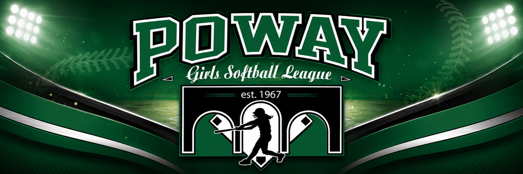 Poway Girls Softball League Logo with softball player batting overlaid on arches