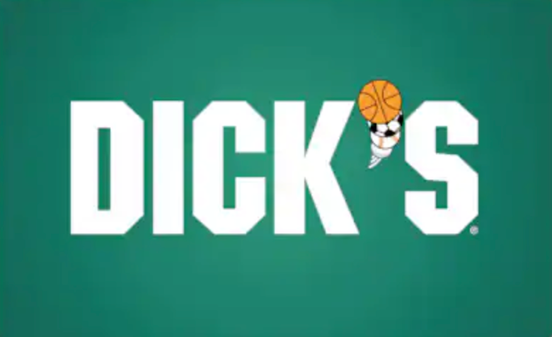 Dick's Sporting Goods logo in white on a teal background, with a small basketball above the apostrophe.