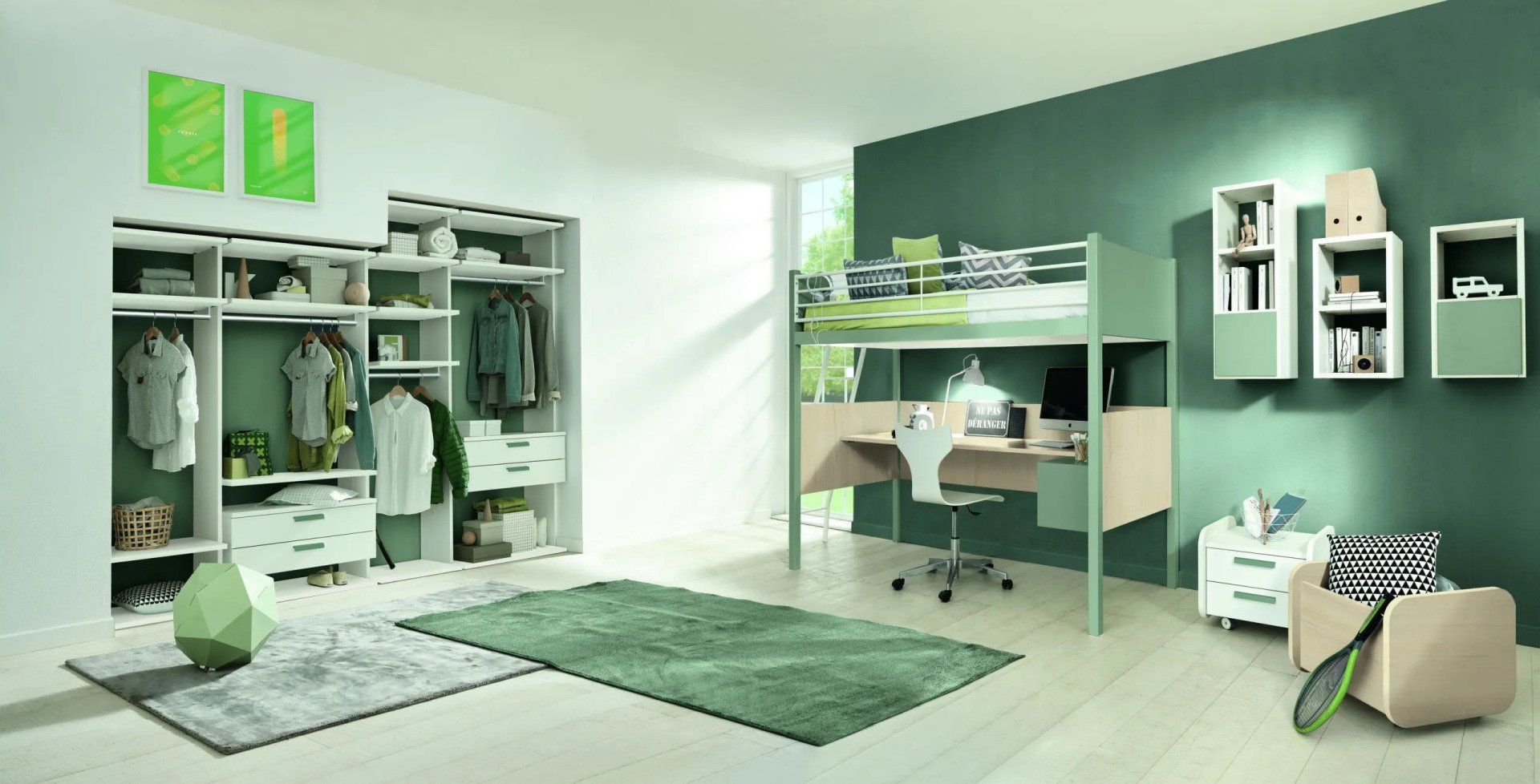 cameretta con arredo verde