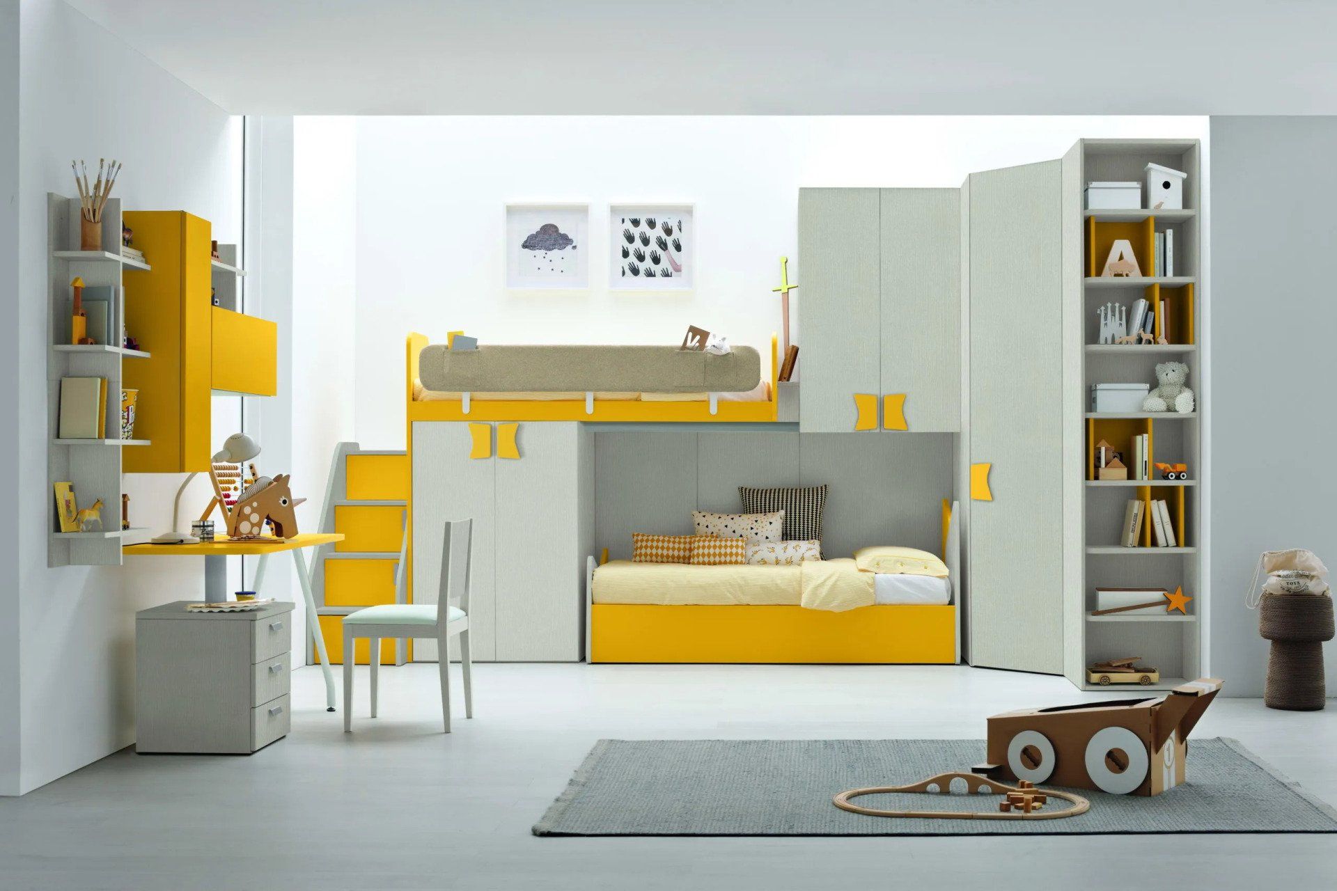 arredo cameretta con letto a castello sui toni del giallo e grigio